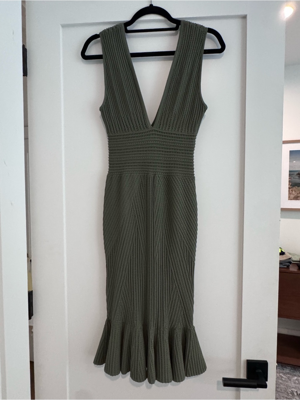 Ronny Kobo Olive Green Ribbed V-Neck Midi Dress